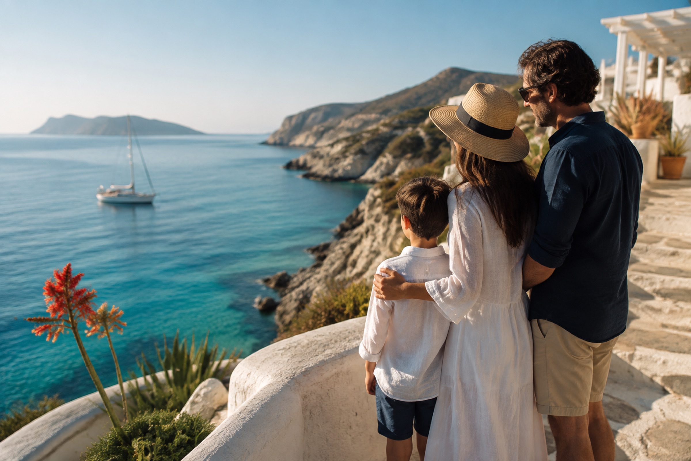 Familie privind o coastă mediteraneană